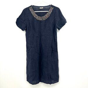 Lina Tomei Made in Italy 100% Linen Beaded Navy Shift Dress Women's Small